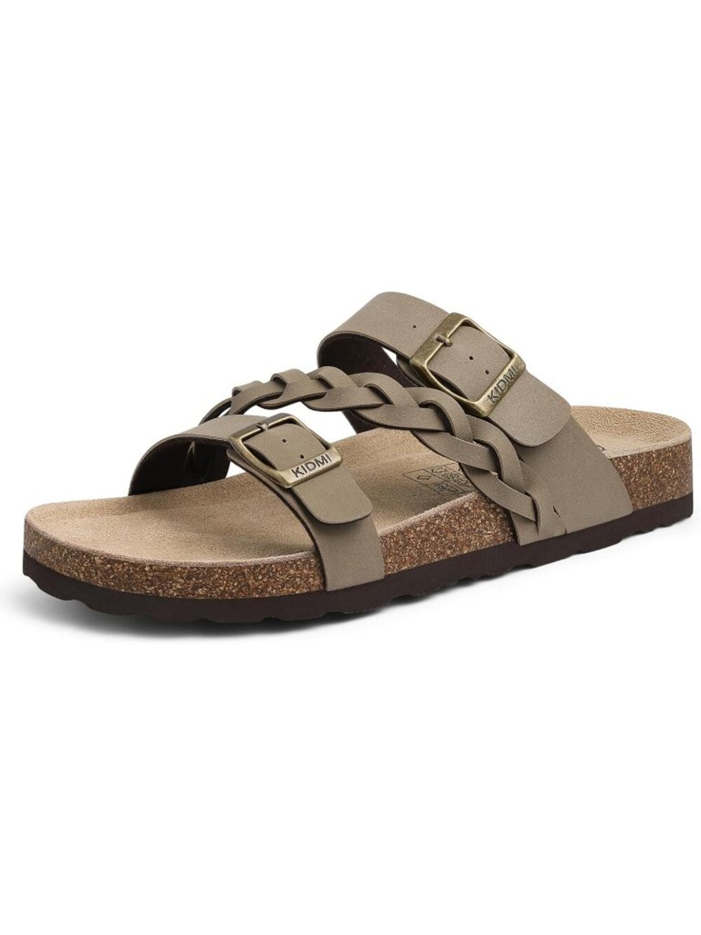 Women's Olive Brown Slide Sandals Cork Footbed Slip-On Adjustable Buckle Shoes